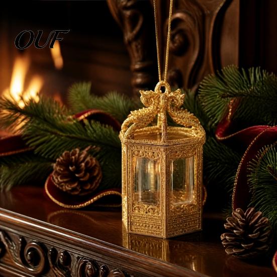 Gold Silver Glitter Holiday Pendants Vintage Hollow Mini Lantern Christmas Ornament, Hanging Decorative Lanterns for Windows Arches Decor, Hexagon
