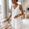 A-line Summer Casual Skirt Embroidery Mid Dress Fashion V-Neck Lace Dress  Beach Vacation