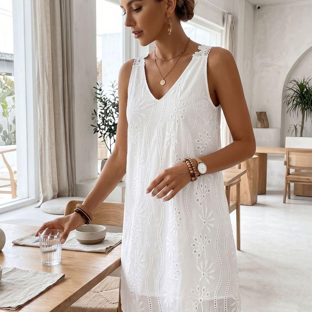 A-line Summer Casual Skirt Embroidery Mid Dress Fashion V-Neck Lace Dress Beach Vacation