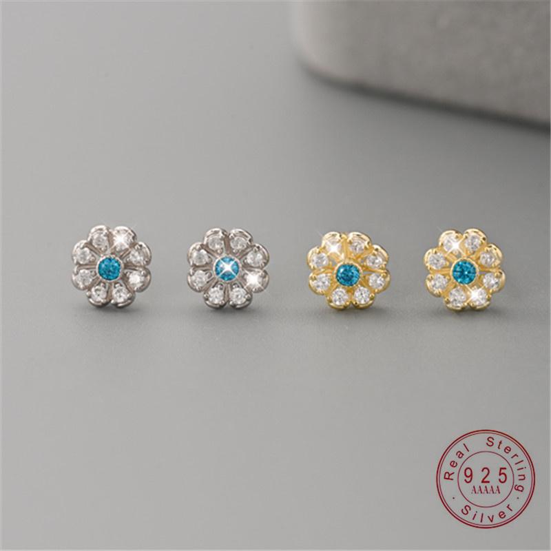 100% 925 Sterling Silver Blue Sparkling Zircon Flower Stud Earrings for Women Sterling Silver Jewelry Gift