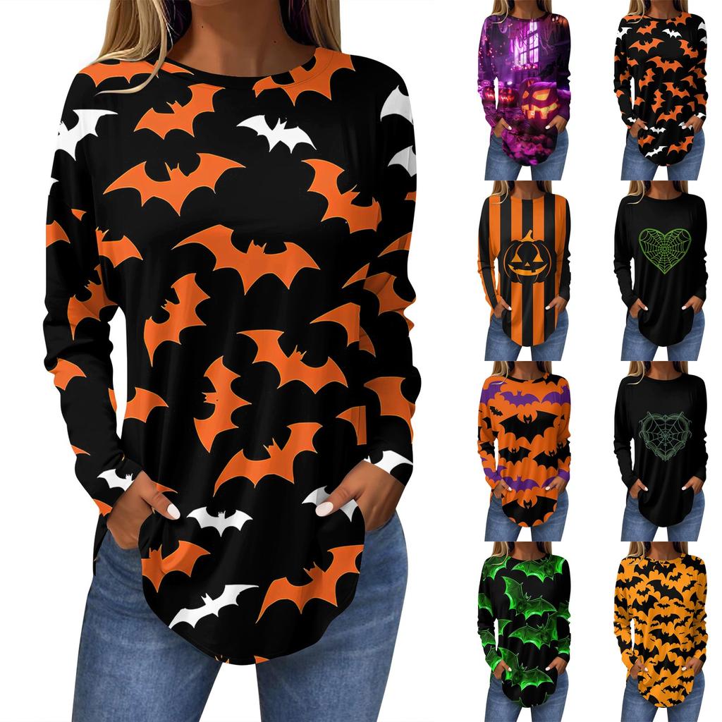 Women's Loose Round Neck Print Long Sleeve T-Shirt Top Pullover