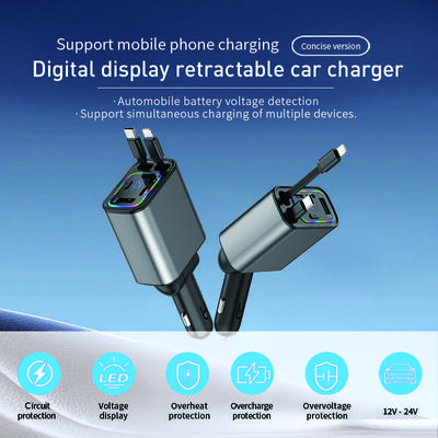 Автомобильное зарядное устройство 5 в 1 с дисплеем напряжения PD+USB Type C, сверхбыстрое автомобильное зарядное устройство мощностью 120 Вт, втягивающийся шнур для iPhone, Samsung, OPPO