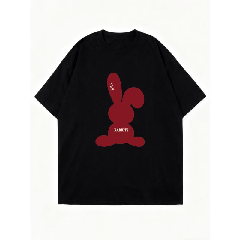 Футболка оверсайз черная с красным силуэтом кролика и текстом Yrs and Rabbits, повседневная уличная мода для женщин, летние наряды
