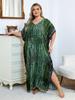 2024 Casual V Neck Dark Green Stripe Tie-Dye Plus Size Kaftan Women Summer Boho Printed Beach Dress Swimsuit Cover Up Q1218