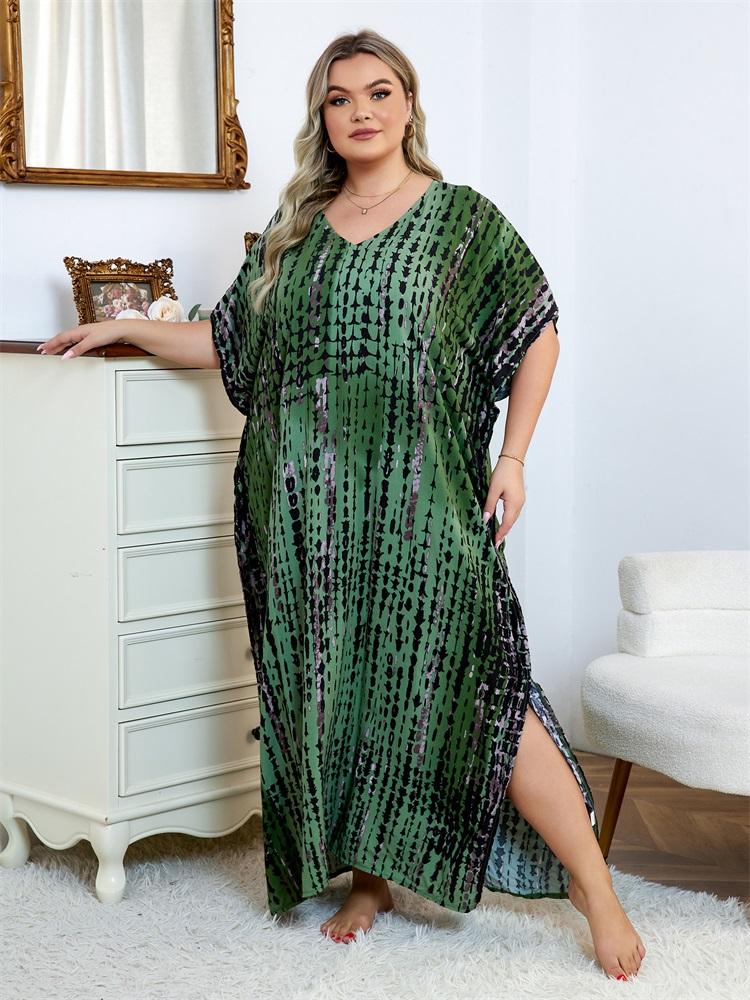 EDOLYNSA 2024 Повседневное кафтан с v-образным вырезом в темно-зеленую полоску размера плюс, женское летнее пляжное платье с принтом в стиле бохо, купальник, накидка Q1218