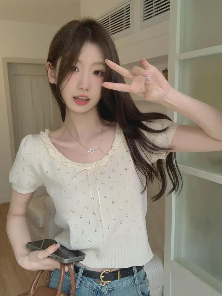 Футболка с коротким рукавом и кружевным бантом, лето 2024 г. - женский облегающий топ для студента