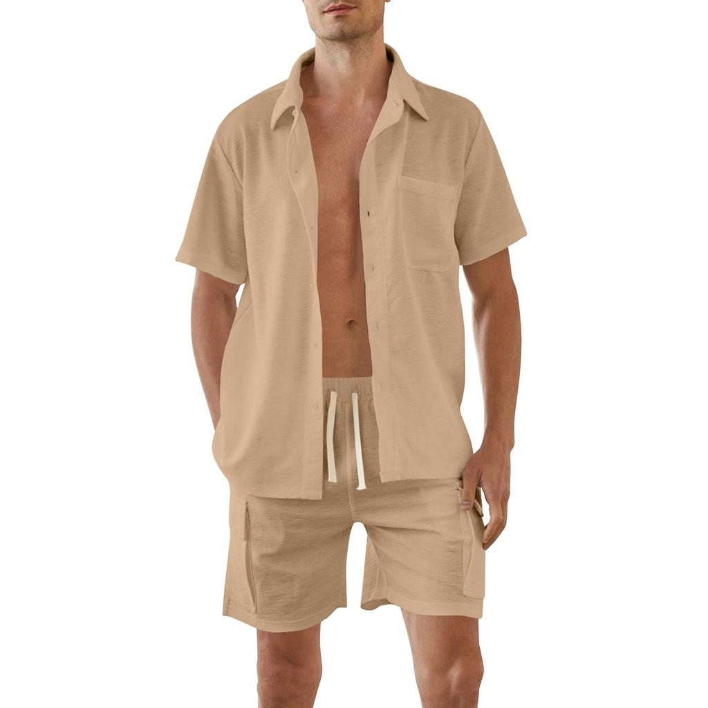 Мужские однотонные рубашки с короткими рукавами на пуговицах, мужские повседневные модные рубашки с короткими рукавами, комплект шорт