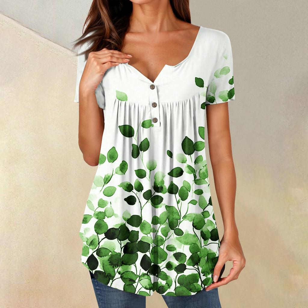 Women Tunic Tops Dressy Casual Summer Short Sleeve Shirts Loose Fit Pleated Boho Top