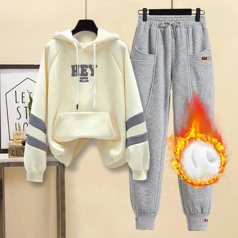 Women's Fall and Winter Padded and Thickened Comfortable Sports Suit Hooded Pocket Sweatshirt + Sweatpants Two-piece Set