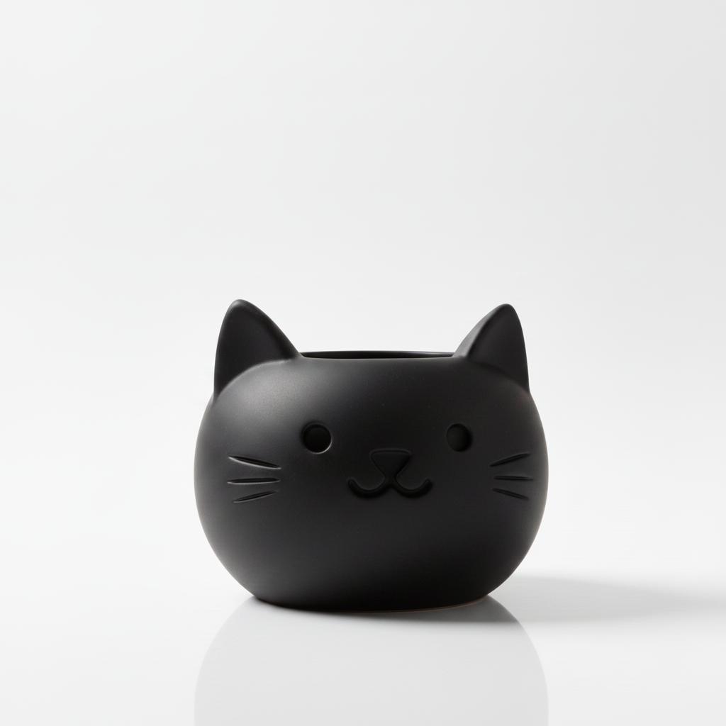 A decorative black cat-shaped flowerpot, perfect for succulents.