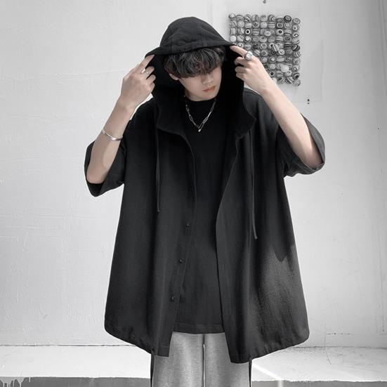 Half Sleeve Drawstring Men Tops Solid Color Single Breasted Thin Hip Hop Style Summer Hooded Shirt Coat Streetwear