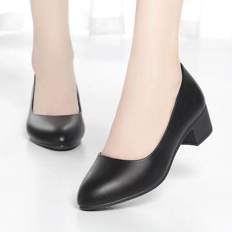 Женские черные кожаные рабочие туфли, удобный толстый каблук, мягкая кожа, подходят для любого сезона, доступны большие размеры.