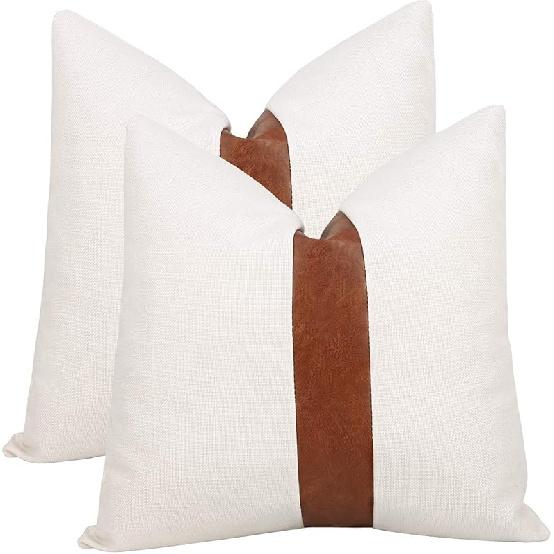Set of 2 Black Linen Patchwork Faux Leather Throw Pillow Covers for Couch Living Room Bedroom, Modern Accent Decor Square Covers 18X18 inch, Brown