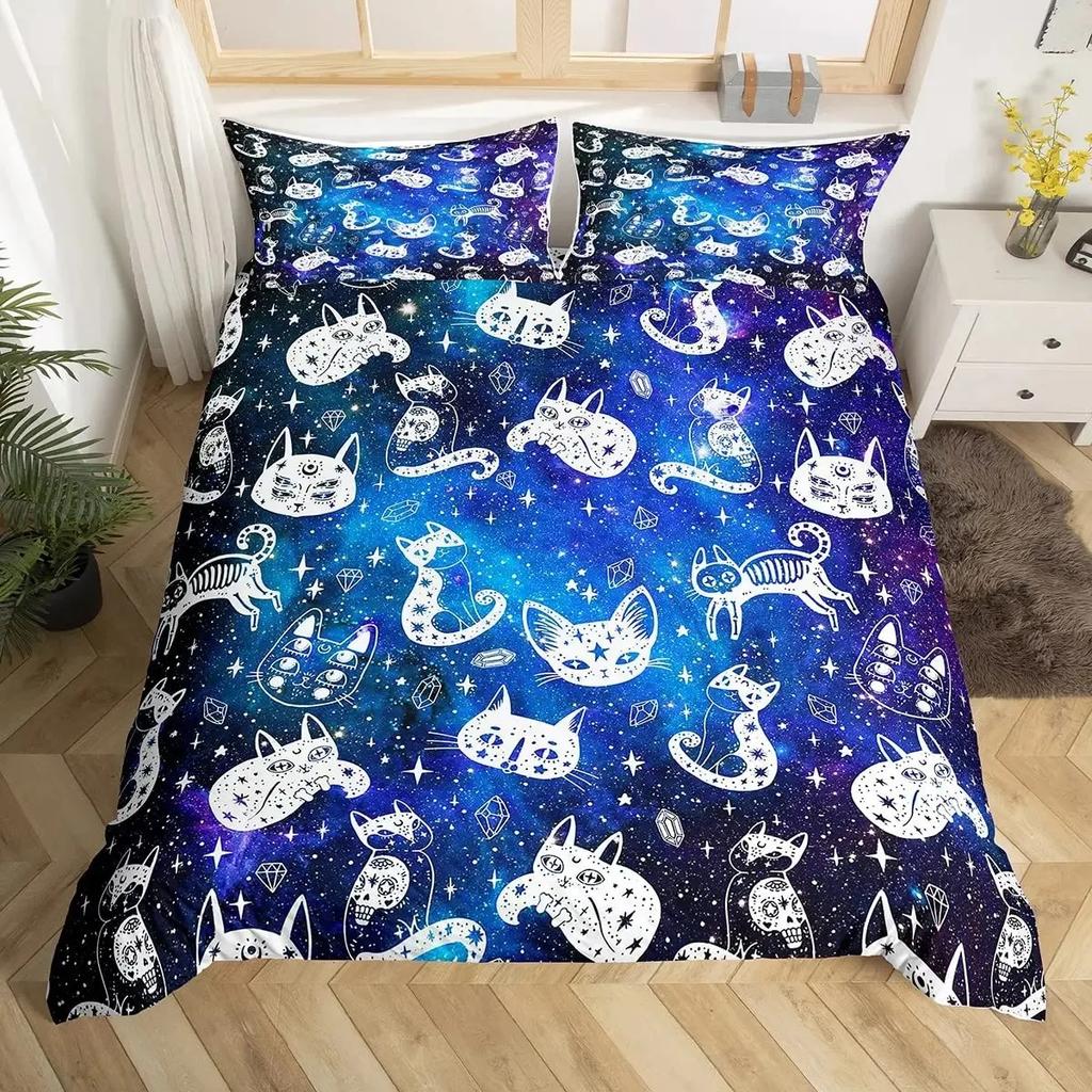 Rainbow Cat Butterfly Duvet Cover Set King,Watercolor Tie Dye Planet Galaxy Outer Space Bedding Set Shiny Golden Glitter Bed Set