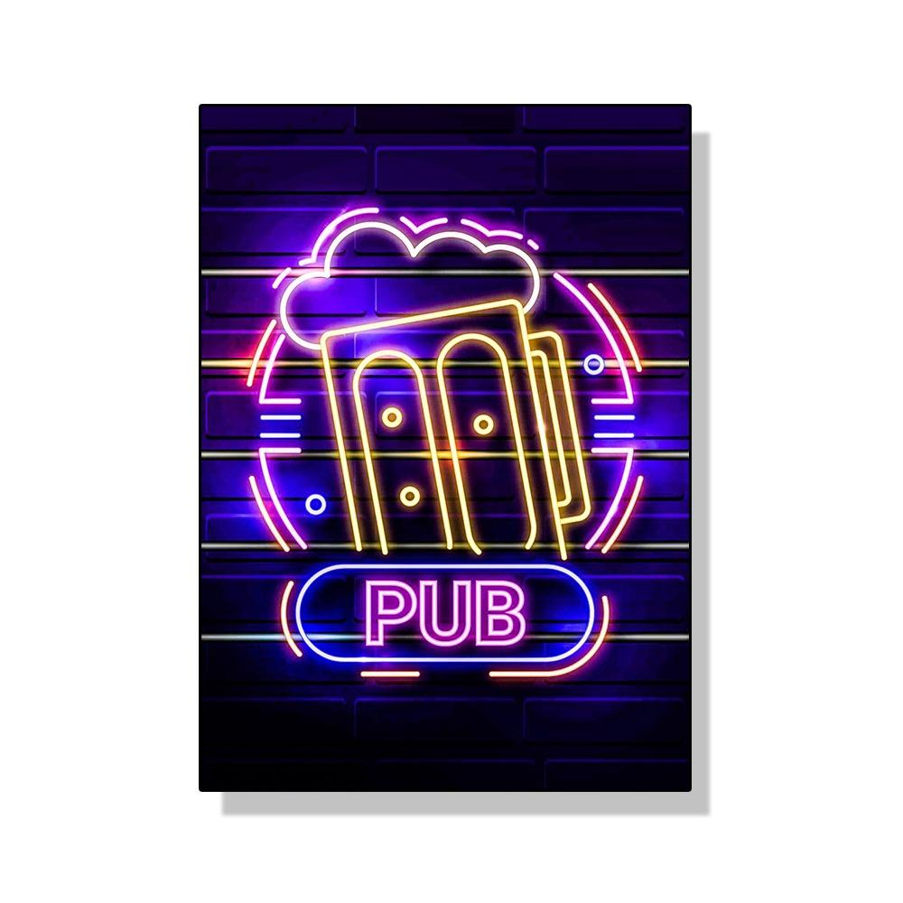 Неоновый эффект Пиво Happy Hour Паб Плакат Печать Холст Картина Настенная картина Для Бара Гостиная Домашнее украшение БЕЗ СВЕТОДИОДОВ