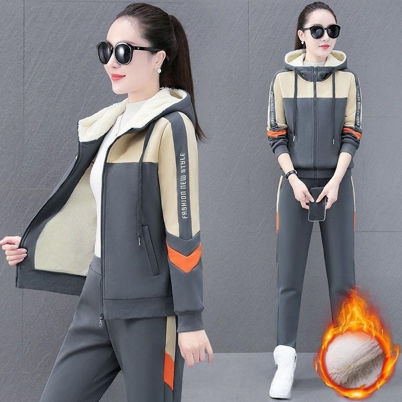 Осенне-зимний женский утолщенный спортивный костюм на флисовой подкладке, толстовка с капюшоном, комплект из двух предметов, теплая одежда