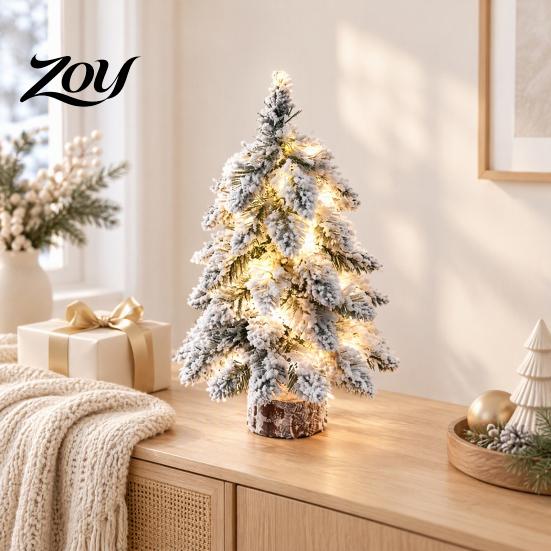 Artificial Cedar Tree with Wood Base Mini Flocked Christmas LED Lights, Small Tabletop Nordic Battery Operated Xmas Decoration Base, Rustic