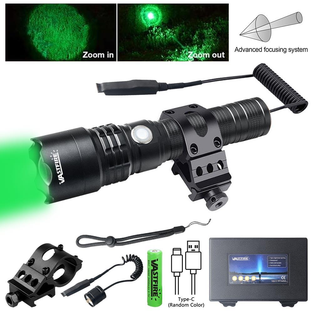 LED Tactical Hunting Flashlight Green Light USB Rechargeable Waterproof Torch Lamp Professional Shooting Night Scout Lights Set