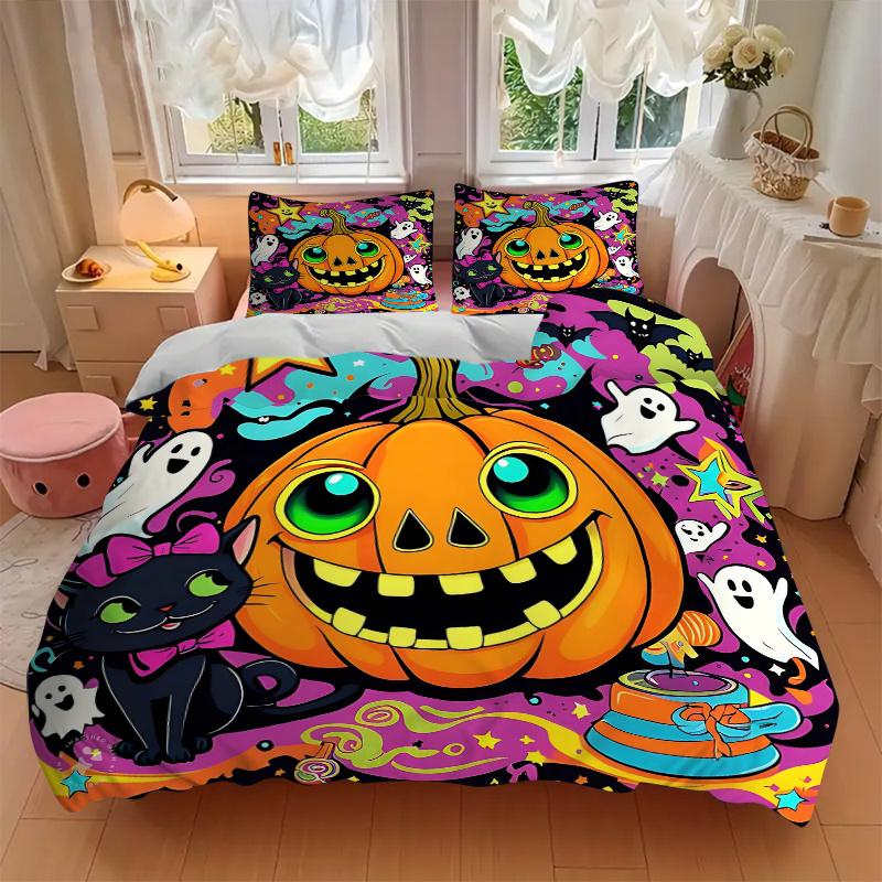 3pcs Happy Pumpkin Halloween Bedding Set - Includes 1 Quilt Cover and 2 Pillowcases, Comfortable Bedding with Stylish Design for Bedroom,N059