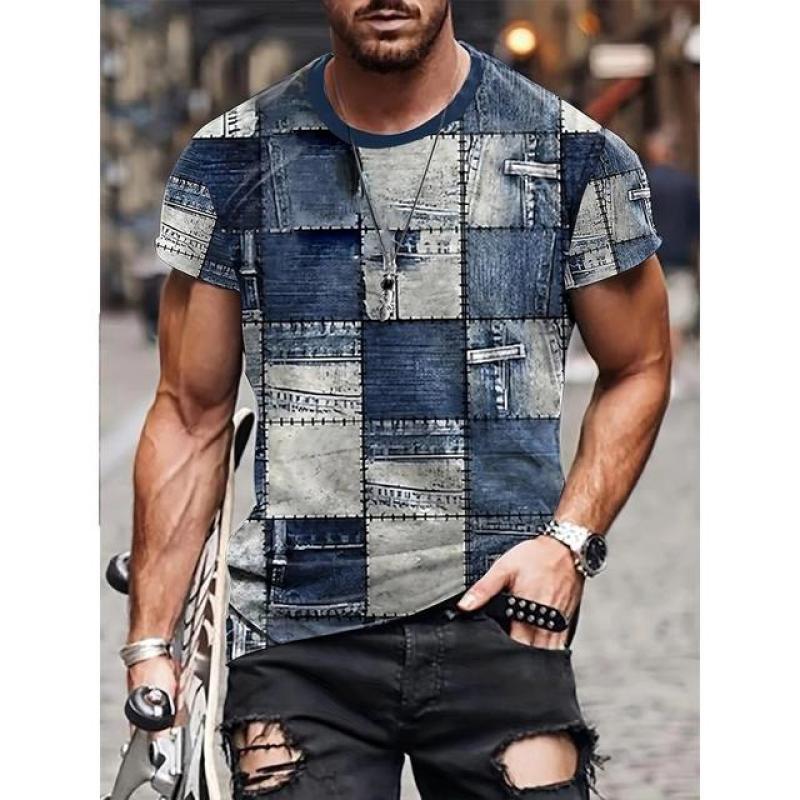 Vintage T-Shirt For Men Patchwork Denim Graphic Tee 3D Printing Short Sleeve Casual T Shirt Oversized Men's Clothing Tops Summer