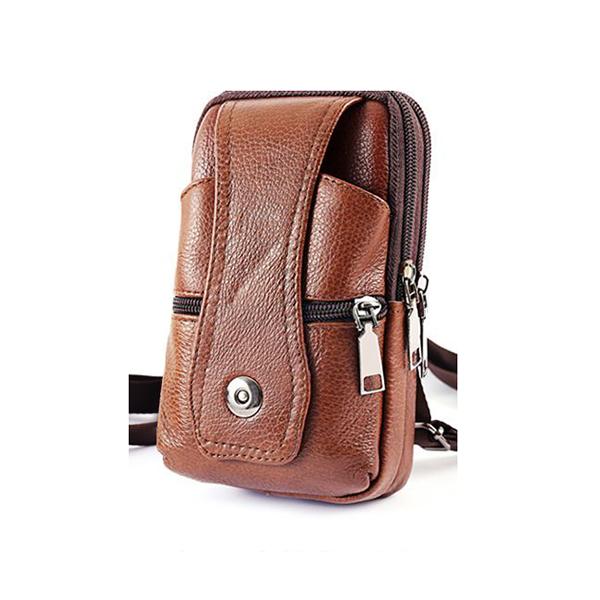 WTEMPO 3 Layer Leather Men's Mobile Phone Waist Bag Men's Multifunctional Waist Belt Crossbody Hanging Bag Outdoor Sports Leather Bag
