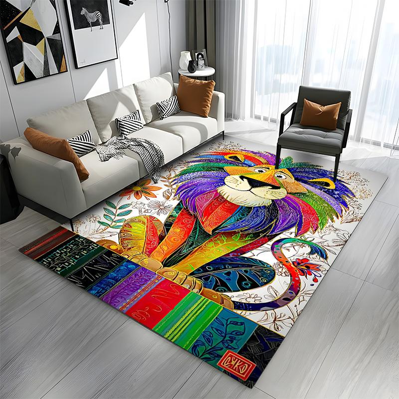 Colorful Cartoon Lion with Floral Accents Patterned carpet a non slip rug suitable for all seasons and any setting, gift