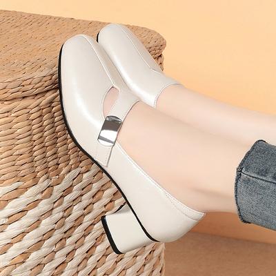 Винтажные дышащие удобные туфли Мэри Джейн из мягкой кожи с неглубоким вырезом, женская обувь 2025 весна, средние блочные каблуки для офиса, для мамы