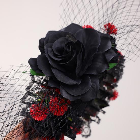 Yousheng Хэллоуин Роза Ободок для волос для женщин Готический Черное кружево Красная роза Повязки для волос Лолита Кружевной головной убор для маскарада Косплей вечеринки Волосы