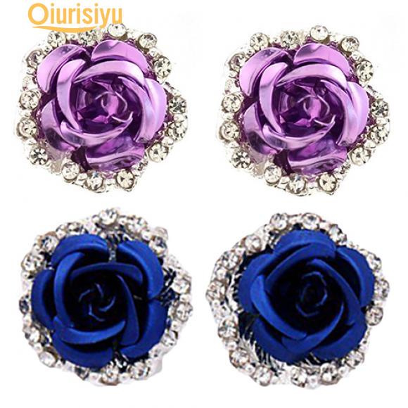 Серьги-гвоздики с цветком розы и стразами для женщин, ювелирные изделия для пирсинга, очаровательный подарок