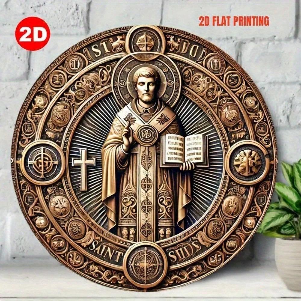 Винтажное круглое деревянное настенное искусство Святого Бенедикта, 8 дюймов, религиозная табличка с золотым витиеватым крестом, цветочная, католический домашний декор