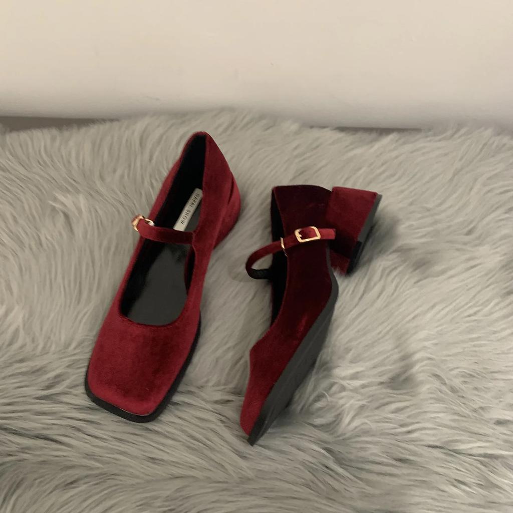 Французские винтажные бархатные туфли на высоком каблуке, толстые каблуки, женские туфли Мэри Джейн, маленькие кожаные туфли, свадебные туфли для женщин, Zapatos De Mujer