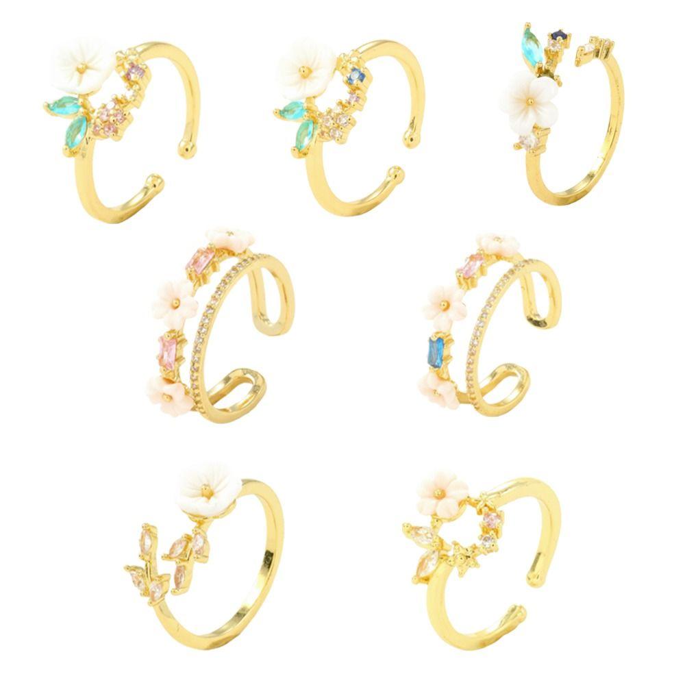 Unique Gold Color Flower Ring Exquisite Design Sparkling Inlaid Open-end Ring Sweet Crystal Zirconia Ring Vacation Accessories