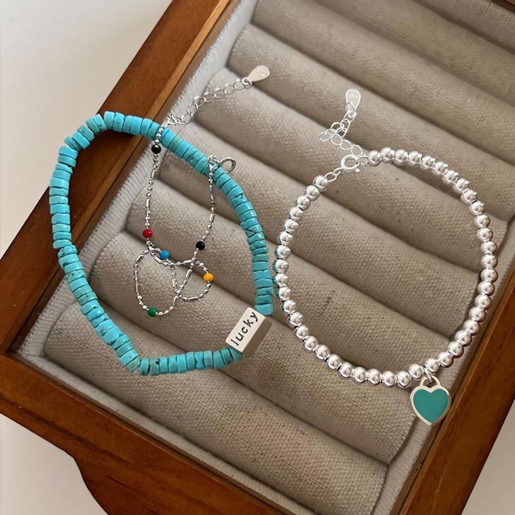 Women's Silver 925 Blue Heart Chain Ball Bracelet