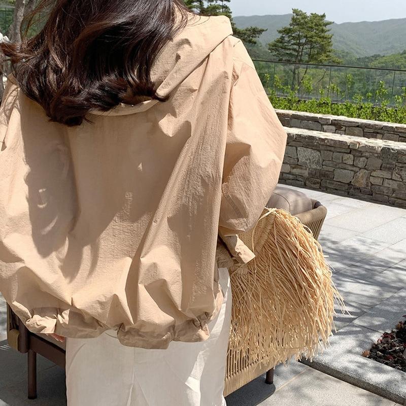 Летняя солнцезащитная укороченная куртка с капюшоном, женская 2023, повседневное пальто на молнии, легкая тонкая рубашка с длинными рукавами, женская свободная одежда 27234