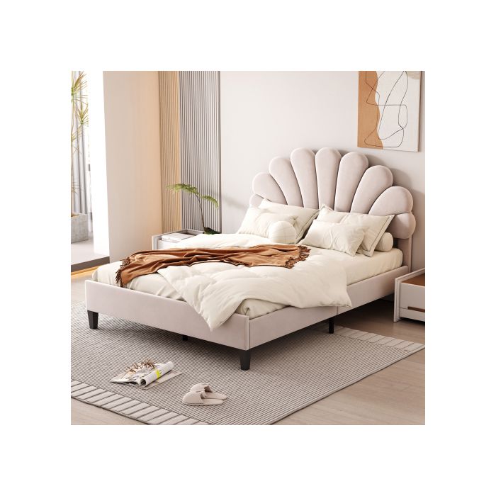 Lit double capitonné - MUVOE - 140 x 200 cm - Tête de lit florale - MDF robuste - Montage facile