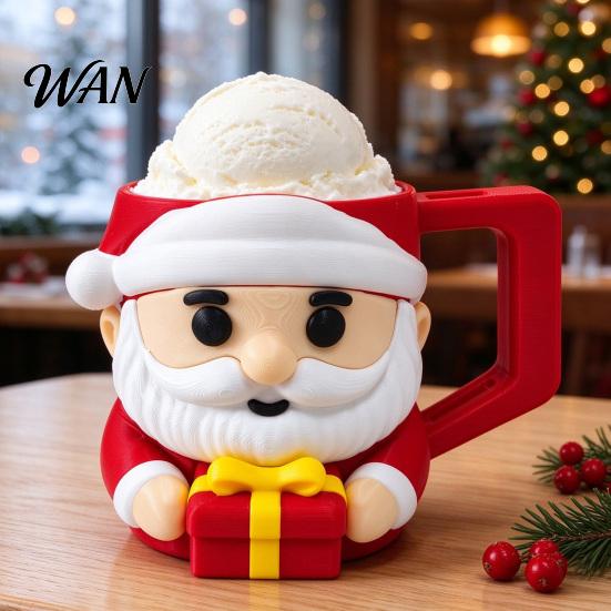 Festive Coffee Cup Sleeve Santa Claus Ice Cream Pint with Handle & Spoon Slot, 3D Winter Holiday Gift Cartoon Insulated Holder for Freezing