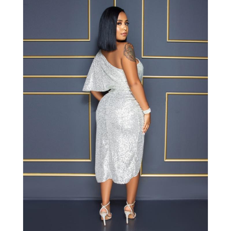 Solid Colour Evening Dress Sequins Strapless Sexy Elegant Mid-waist Women's Dress