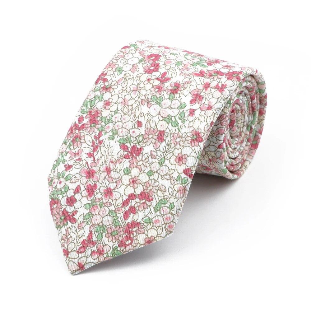 Floral Tie, For Men Women, 100% Cotton, Elegant Flower Necktie, White, Blue, Narrow Skinny, Wedding, Party