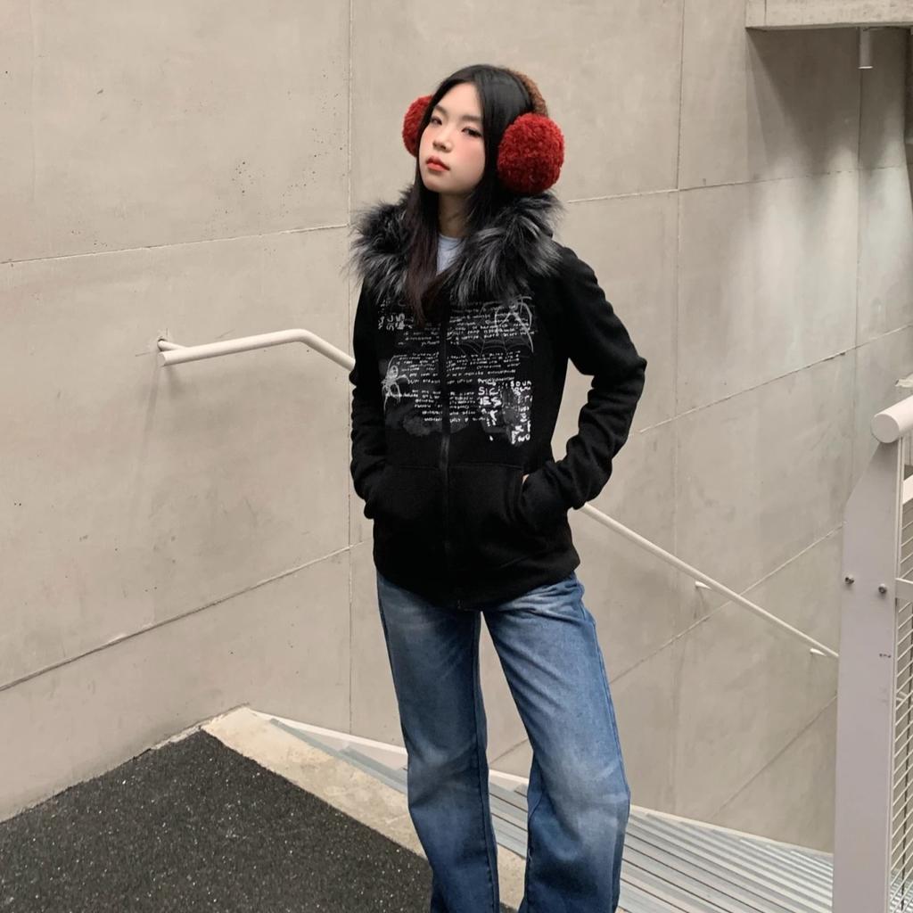 Худи в стиле гранж пэчворк из меха Y2k Женская уличная одежда Винтажная толстовка с капюшоном с готическим принтом Харадзюку Эстетичная приталенная куртка