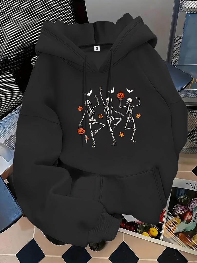 Unisex Fall Autumn Halloween Skull And Pumpkin Print Kangaroo Pocket Graphic Hoodie Hooded Sweatshirt Print Casual Top for Daily