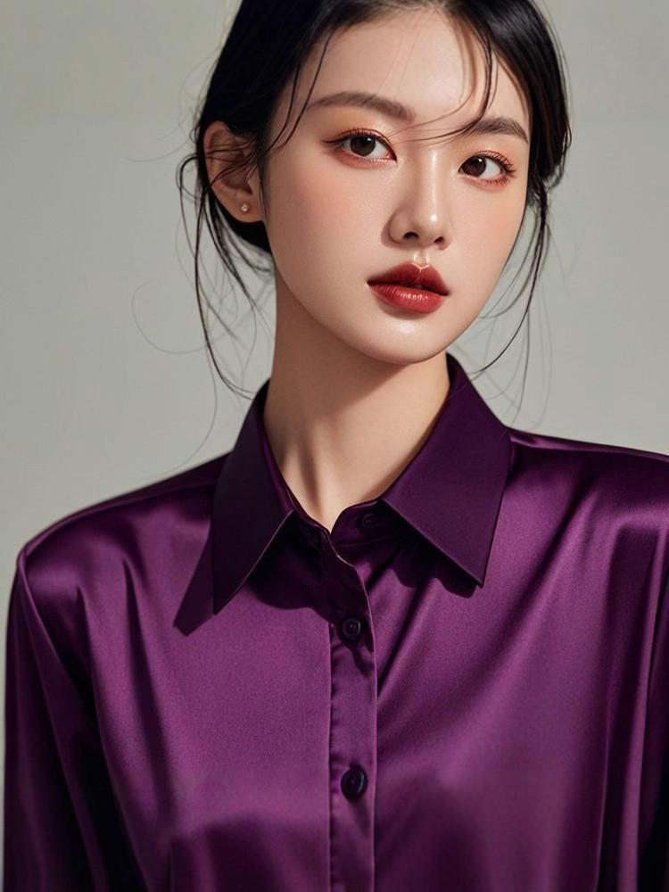 Womens Satin Purple Business Shirt With Long Sleeves For Office And Workwear