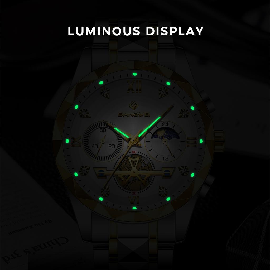 BANGWEI Men's Quartz Watch Multifunctional Moon Phase Stainless Steel Wristwatch Luminous Waterproof Business Watch for Men