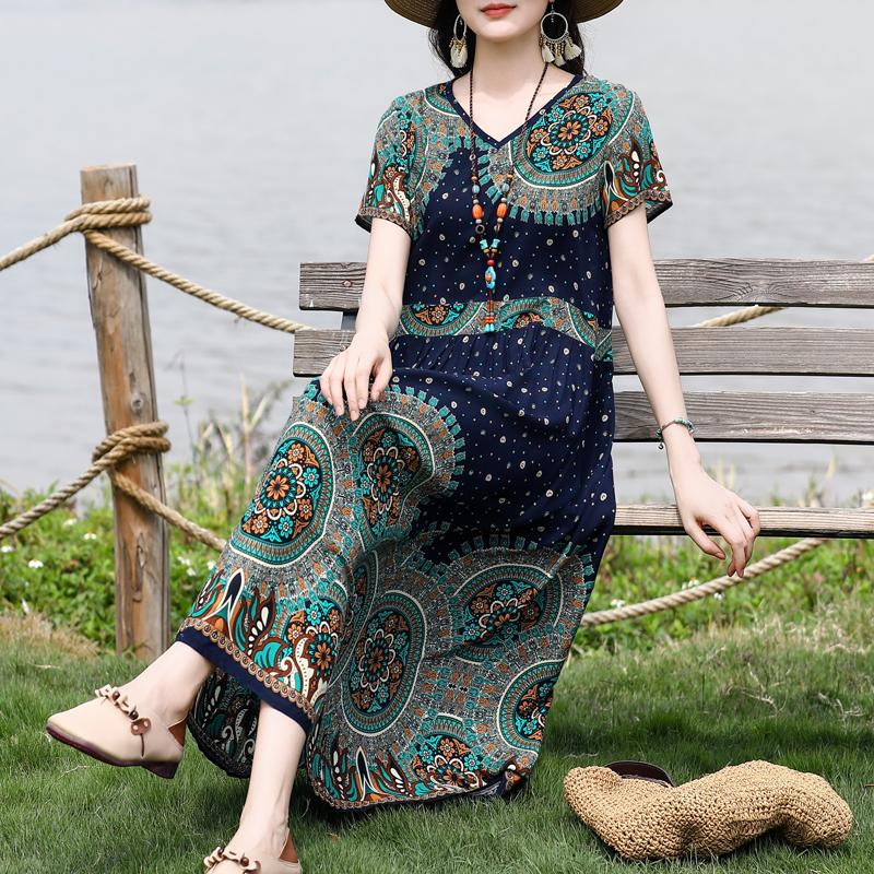 Большие размеры женские элегантные платья летняя винтажная одежда повседневные короткие рукава летние длинные платья