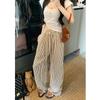Women's Petite High Waist Black & White Striped Wide Leg Pants - Summer Casual Straight Leg