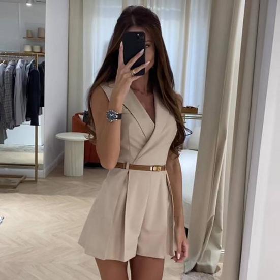 Женский комбинезон с отложным кроем, ПР, плиссированный вырез, однотонный воротник, V-образный вырез, без рукавов, тонкий, деловой, деловой