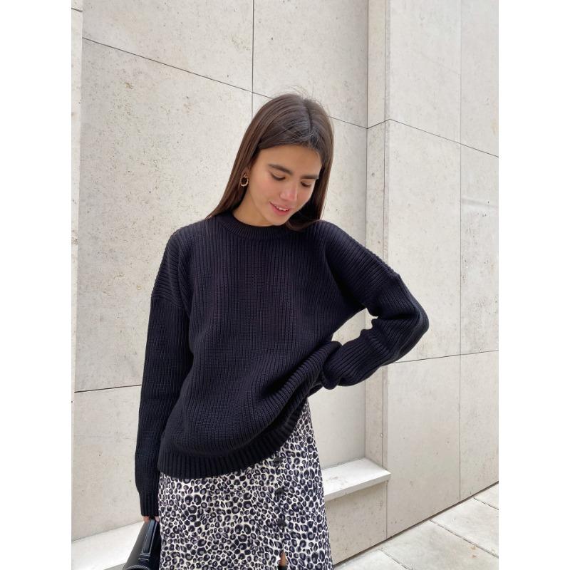 Осенне-зимний женский свитер, вязаный свитер с круглым вырезом, свободный однотонный свитер с длинными рукавами