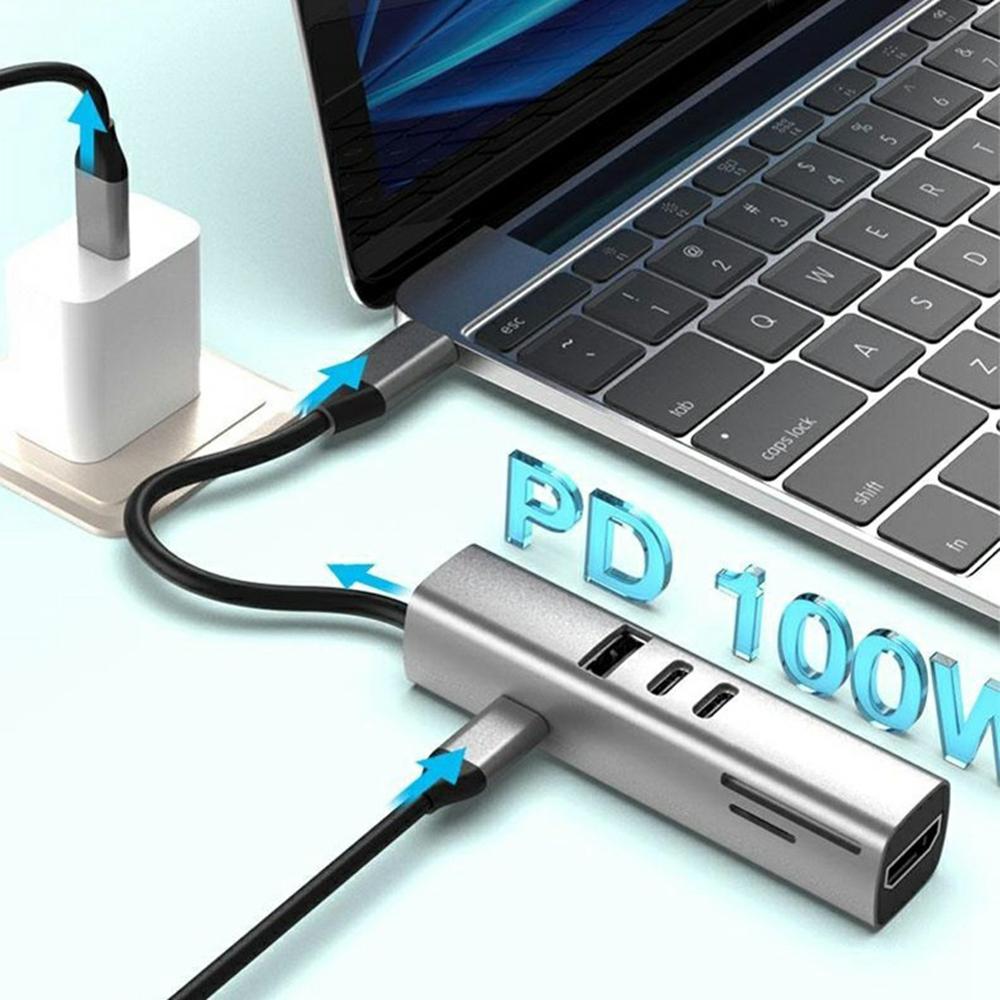 TYS-7HD-2C 100W 4K Type-C to HDTV 7-in-1 Hub Adapter with 2 USB-C/USB 3.0/PD 100W/SD/TF Card Reader for Windows/MacOS/Linux/Android