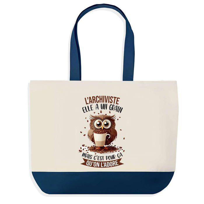 Sac shopping - PLANETEE - Archiviste - Fond bleu - Motif chouette - Coton 40 x 45 cm