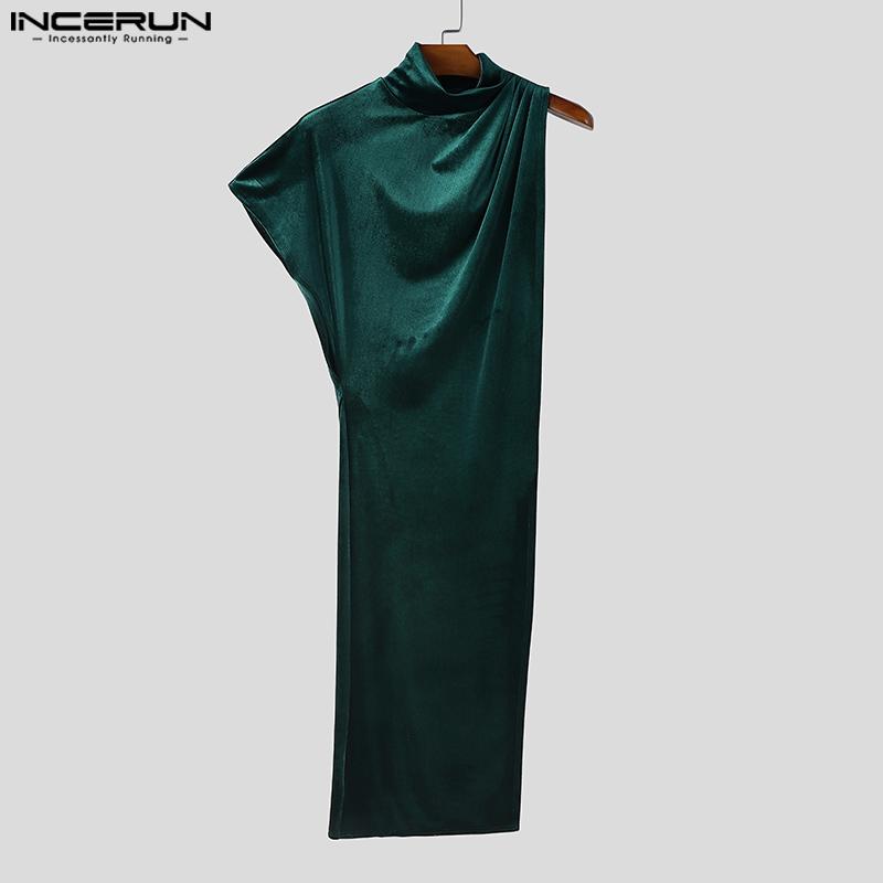 INCERUN Мужской водолазка на одно плечо с блестками, с высоким разрезом, повседневный длинный топ, футболка