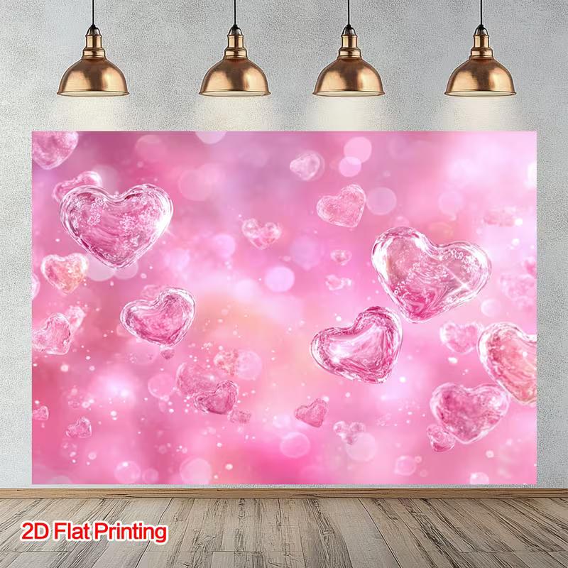 Romantic Pink 2D Backdrop, Glittery Crystal Hearts Photo Background